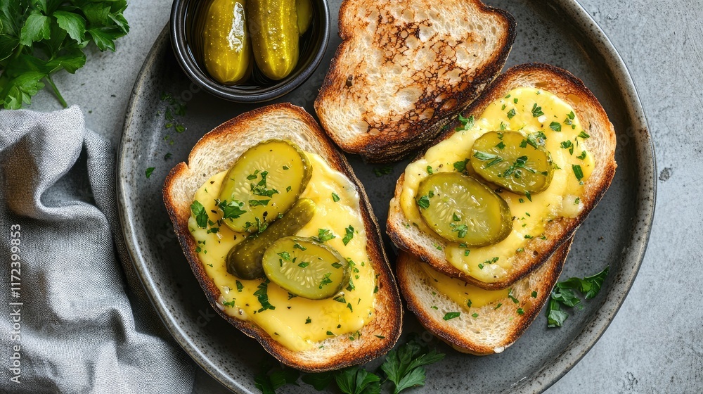 Aufkleber overhead view of grilled cheese open sandwiches with pickles and mustard served on a rustic plate ga