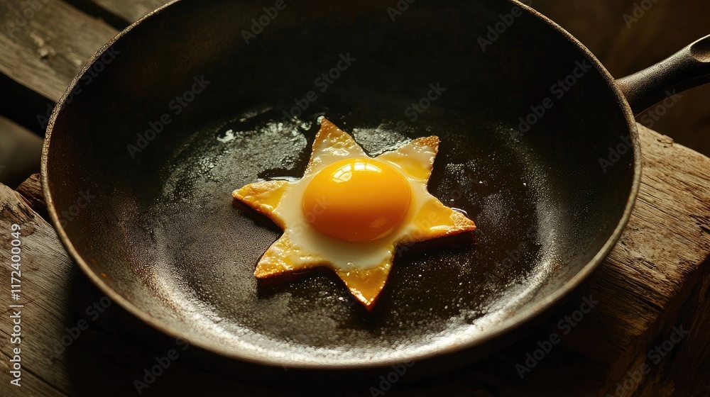 Aufkleber creative overhead view of a star-shaped fried egg in a rustic frying pan on a wooden surface
