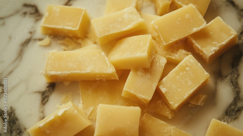 Poster overhead view of assorted cut cheese pieces on a textured marble surface