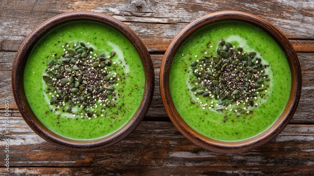 Poster overhead view of two bowls of vibrant green cream soup topped with ground cheese and seeds on rustic