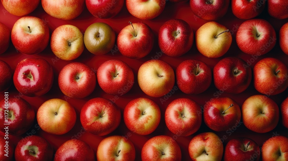 Poster overhead view of assorted organic apples in vibrant colors arranged neatly on a red background for a