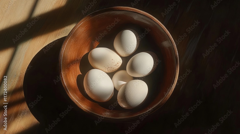 Poster Overhead view of white eggs resting in a rustic bowl showcasing elegant light and shadow patterns on the eggshells