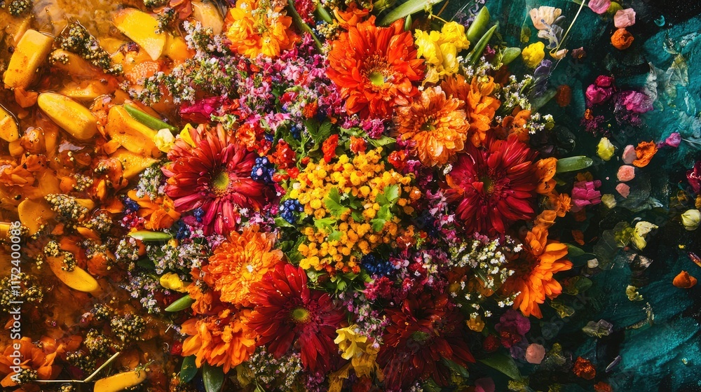Aufkleber vibrant floral arrangement displayed overhead showcasing a kaleidoscope of colors and textures in a 