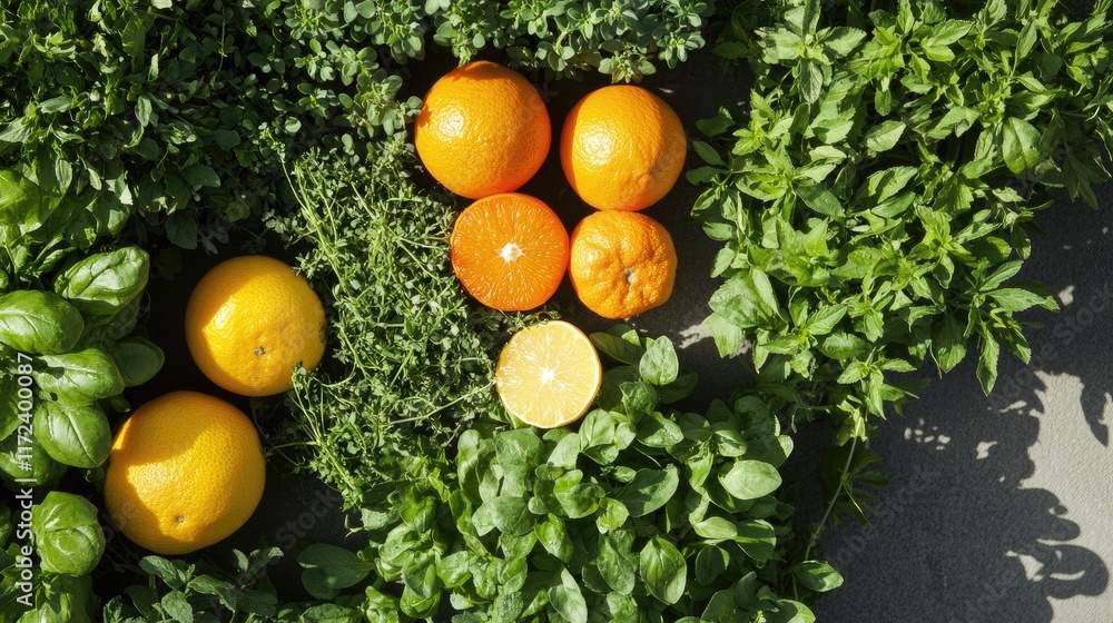 Poster overhead view of fresh herbs and citrus fruits arranged on a textured surface for culinary and natur