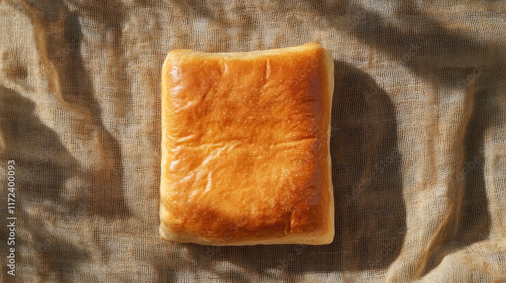 Poster freshly baked rectangular bread loaf on textured fabric surface in natural light setting