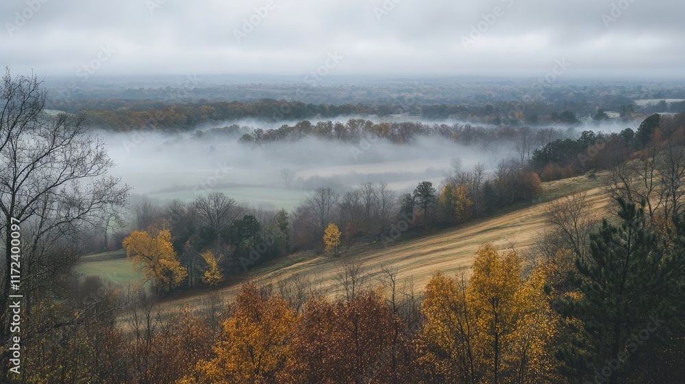 Poster foggy landscape view with autumn foliage rolling hills and mist in the valley creating a serene scen