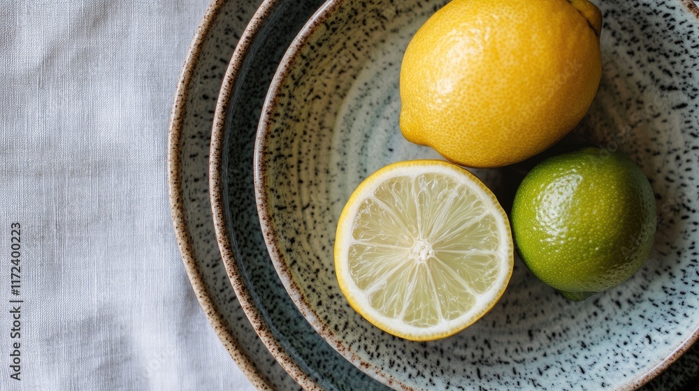 Aufkleber elegant overhead view of stacked ceramic plates adorned with fresh lemon and lime highlighting culin