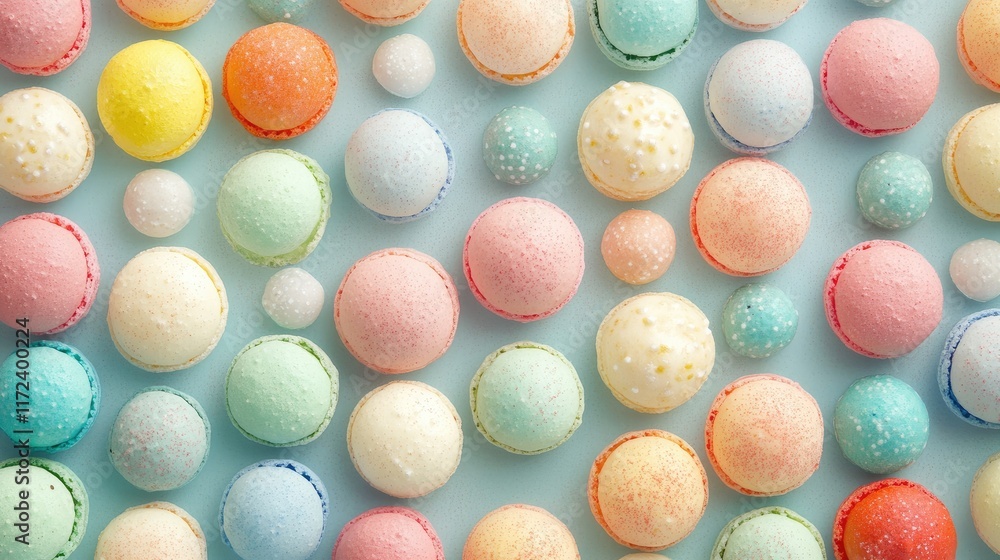 Aufkleber Colorful array of pastel macaroons and candy spheres arranged on a pale blue background creating an appealing sweet treat composition