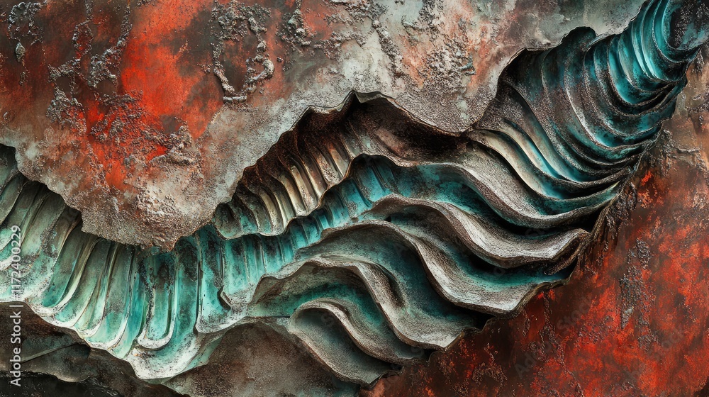 Poster Abstract textured background of oxidized metal with intricate patterns and vibrant colors depicting age and decay.