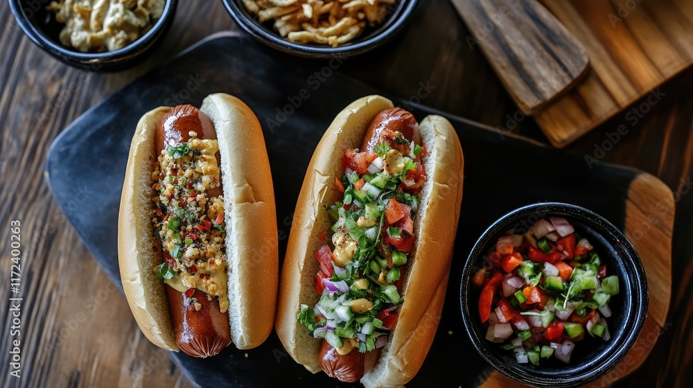 Poster Overhead view of gourmet hotdogs with colorful toppings on a rustic wooden table setting