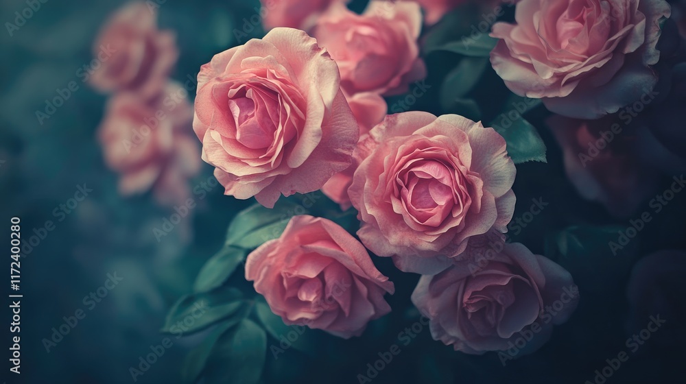 Poster Soft pink artificial roses with lush green leaves creating a textured background in a close-up shot featuring gentle tones and blurred effect.