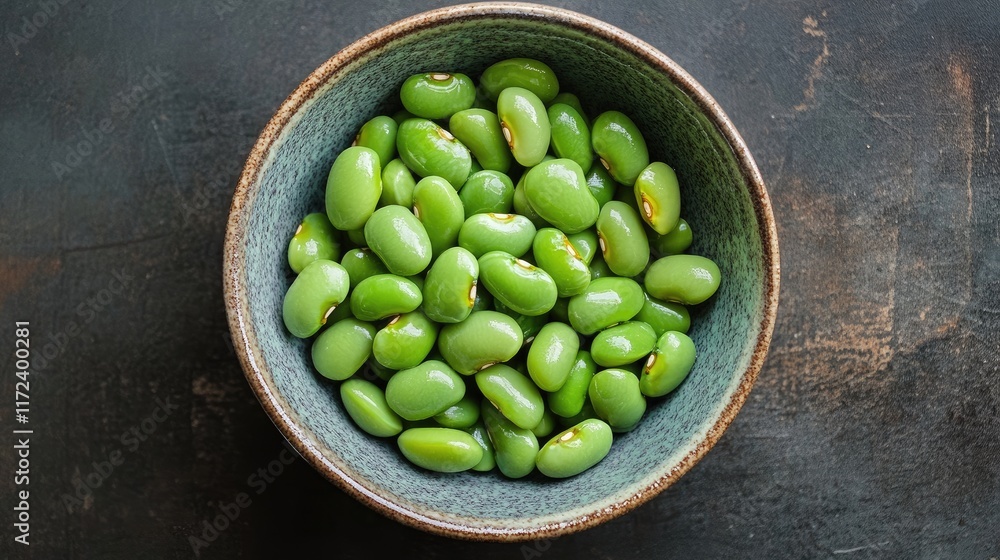 Poster close-up overhead view of fresh green beans in a rustic bowl on dark textured surface for culinary a