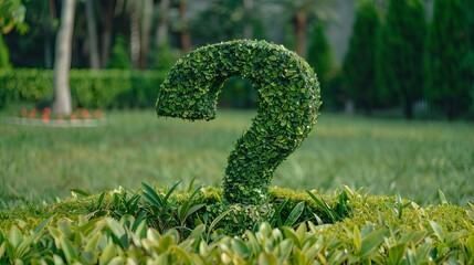 A vibrant green topiary shaped like a question mark, surrounded by lush grass and plants, symbolizing curiosity and nature's beauty.