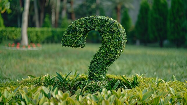 A vibrant green topiary shaped like a question mark, surrounded by lush grass and plants, symbolizing curiosity and nature's beauty.