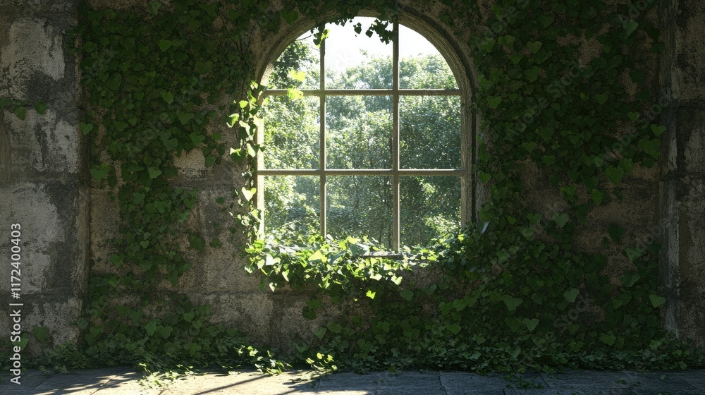 Poster abandoned window overgrown with lush ivy showcasing nature's reclamation of man-made structures in s