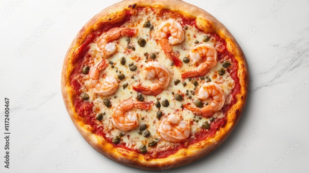 Aufkleber fresh shrimp pizza topped with mozzarella cheese tomato sauce and capers on a marble countertop in a