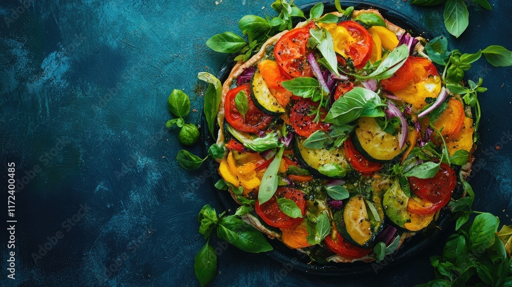 Aufkleber overhead view of a vibrant vegetable galette with fresh herbs and colorful layers on a dark textured