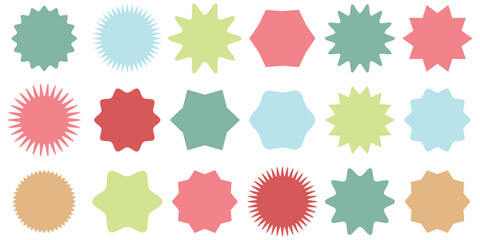 Print Set of vector starburst, sunburst badges. Different color. Simple flat style Vintage labels. Colored stickers.