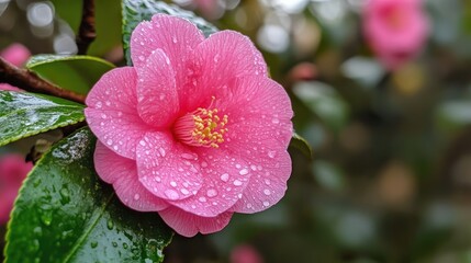 Obraz premium Delicate pink flower glistening with raindrops close-up showcasing nature's beauty and vibrant colors after a refreshing rain shower