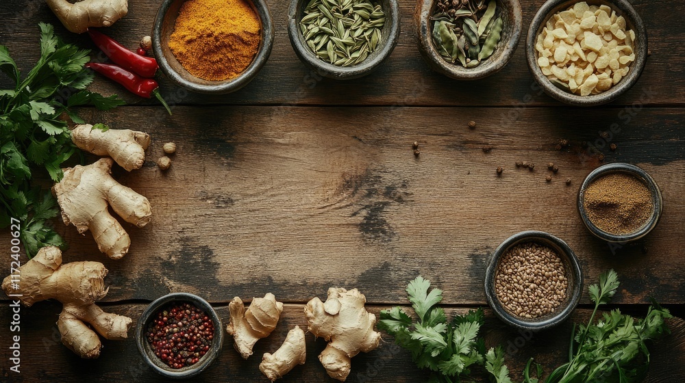 Poster Overhead view of assorted vegetables and spices arranged on rustic wooden table for culinary inspiration and healthy cooking concepts