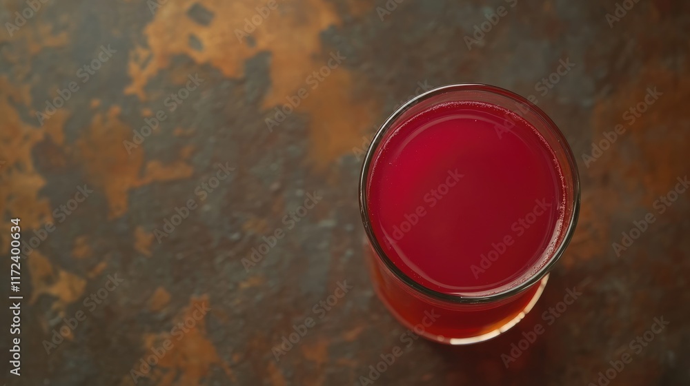 Poster overhead view of a refreshing healthy juice in a glass on a rustic background showcasing vibrant col
