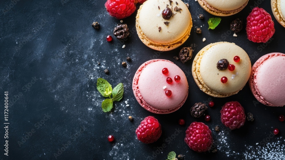 Aufkleber Overhead view of colorful macarons with fresh berries on a dark rustic surface for a delightful breakfast or dessert experience