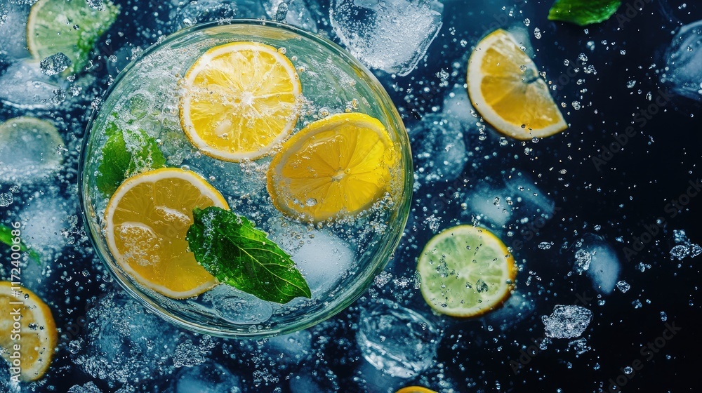 Poster refreshing overhead view of a freshly poured citrus drink with ice, lemons, and mint leaves in a vib