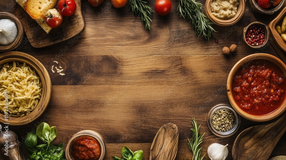 Aufkleber rustic overhead view of a wooden table filled with various ingredients for cooking including pasta, 