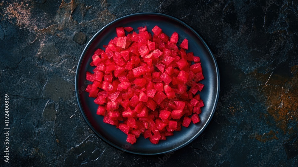 Poster chopped watermelon cubes arranged artistically on a dark plate with a textured background for a fres