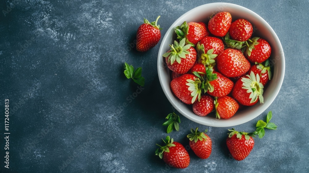 Poster overhead view of fresh strawberries in a bowl with scattered berries on a dark surface showcasing vi