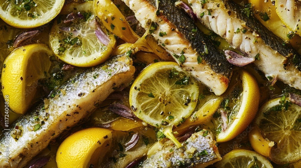 Poster overhead view of delicious anchovy salad with fresh lemons and herbs showcasing vibrant colors and t