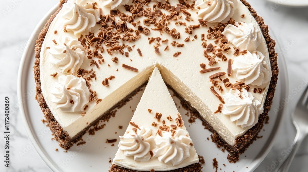 Poster overhead view of a decadent no bake cheesecake with chocolate shavings and decorative whipped cream 