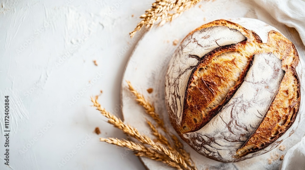 Poster artisanal sourdough bread loaf on a rustic cutting board with wheat ears on a light textured backgro