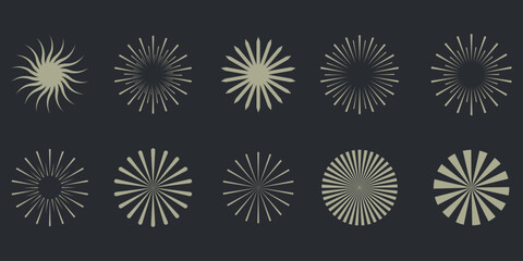 Set of round sunburst, line editable sun frame. Radial circle lines. Firework black explosion. Design elements