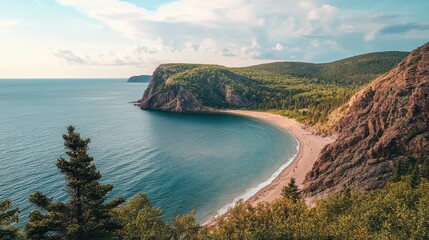 Fototapeta premium Scenic View Overlooking Serene Sand Beach on North Coast with Lush Green Hills and Calm Blue Waters