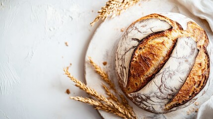 Artisanal sourdough bread loaf on a rustic cutting board with wheat ears on a light textured background