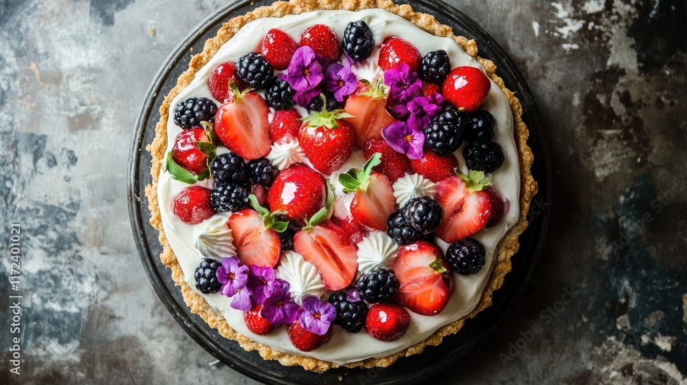 Poster Overhead View of Colorful Fruit Tart with Berries and Cream on Rustic Background