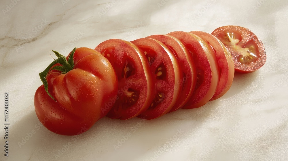 Poster overhead view of whole and sliced ripe tomatoes arranged on a light marble surface showcasing freshn