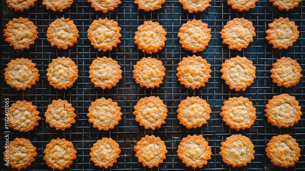 Aufkleber Overhead view of perfectly baked cookies cooling on a wire rack arranged in a neat grid pattern for a delicious presentation