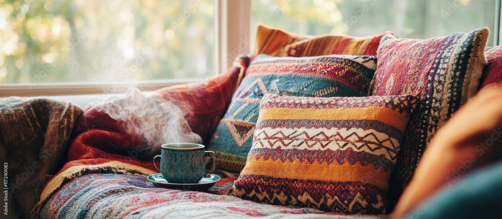 Poster cozy bohemian living space with colorful folk style pillows and a steaming coffee cup creating a rel