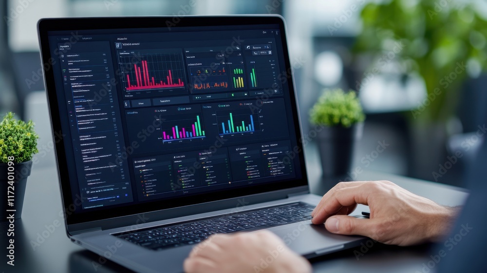 Aufkleber person analyzing data on laptop with colorful graphs and charts in modern workspace environment