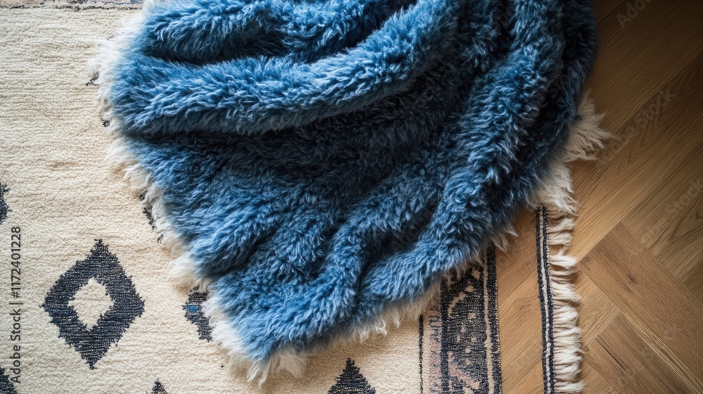 Poster cozy overhead view of a soft blue fuzzy blanket draped over an intricate patterned rug on a wooden f