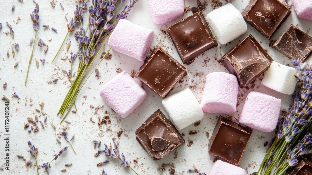 Aufkleber overhead view of assorted chocolate squares marshmallows and lavender sprigs on a light background i