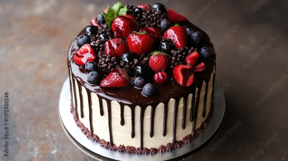 Poster delicious chocolate cake topped with fresh berries and drizzled chocolate sauce on a rustic backgrou