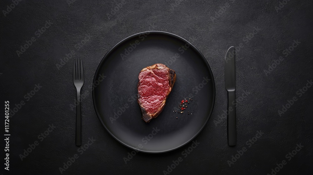 Poster overhead view of a perfectly grilled steak on a sleek black plate with minimalistic cutlery and seas