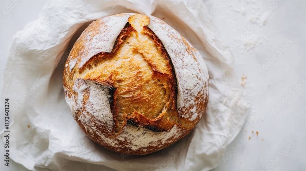 Aufkleber artisan bread loaf overhead view on a linen cloth with a rustic white background showcasing its gold