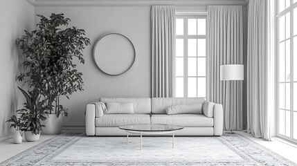 A contemporary minimal living room featuring a white sofa with a sleek silhouette, centered on a white background. A minimalist glass coffee table sits in front, and a single white lamp adds 