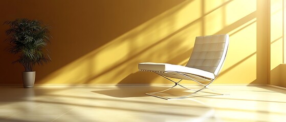 A minimal living room featuring a white recliner chair and a small, sleek side table, both centered on a white background. The room is devoid of additional furnishings or decorations, highlighting 