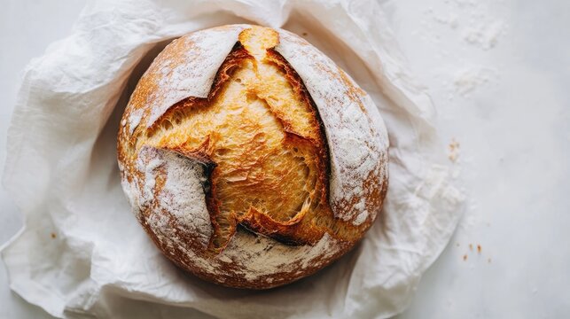 Artisan bread loaf overhead view on a linen cloth with a rustic white background showcasing its golden crust and unique scoring pattern.
