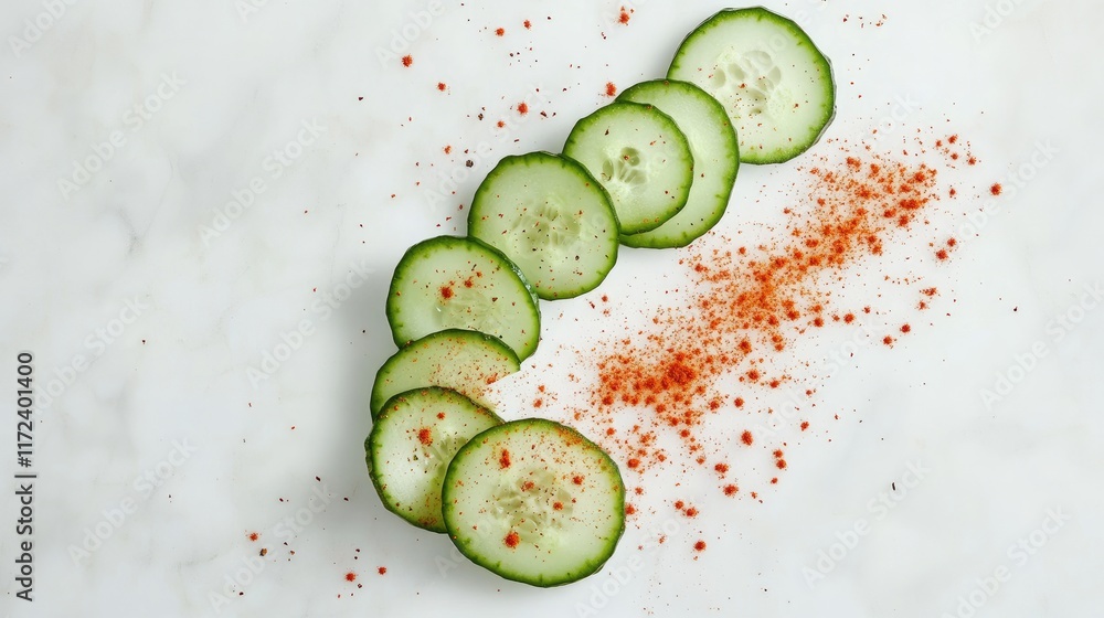 Poster Sliced cucumbers arranged on a marble surface with scattered spices creating a fresh and vibrant culinary presentation